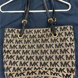 Michael Kors Black MK Logo Canvas Tote with Beige Ground